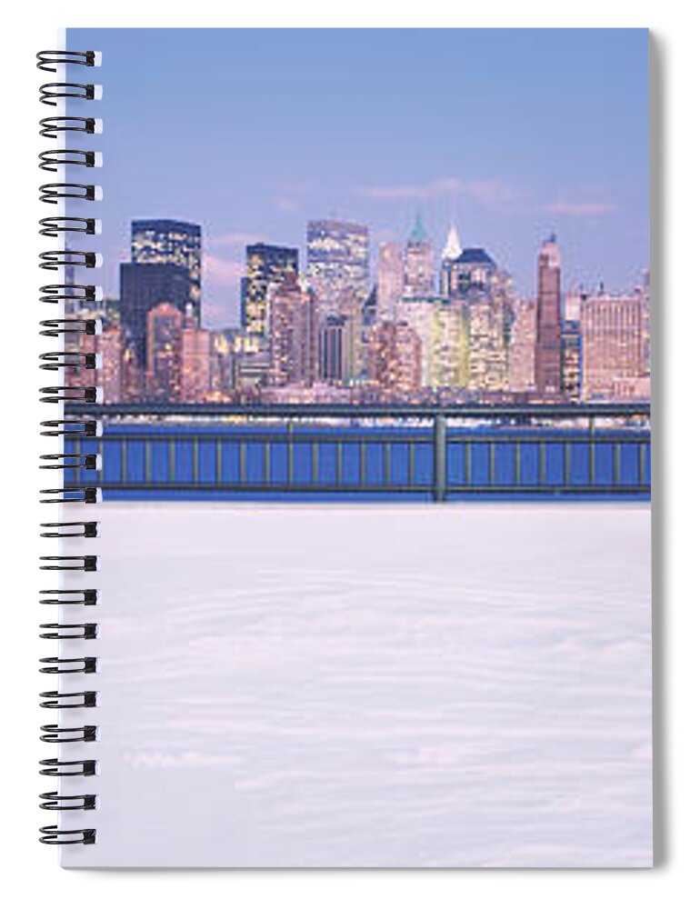 Photography Spiral Notebook featuring the photograph Park Benches In Snow With A City by Panoramic Images