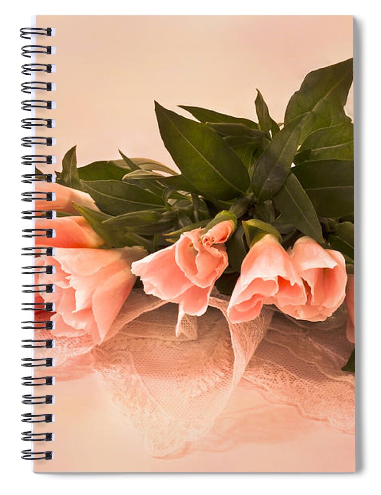 Peach Godetia Spiral Notebook featuring the photograph Peach Godetia's And Lace by Sandra Foster