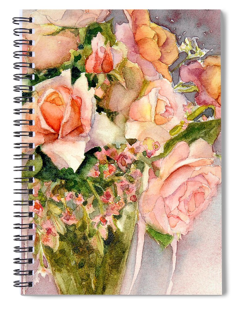 Peach Colored Roses Spiral Notebook featuring the painting Peach Roses in Vase by Bonnie Rinier