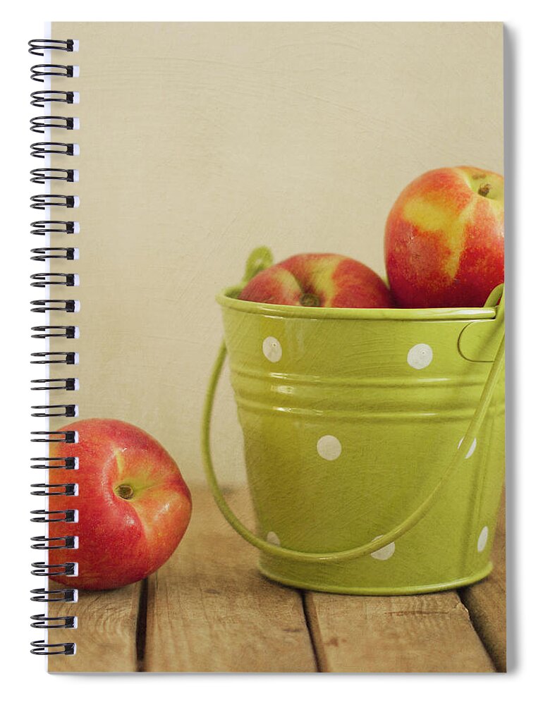 Bucket Spiral Notebook featuring the photograph Peaches In Green Bucket With Polka Dots by Copyright Anna Nemoy(xaomena)
