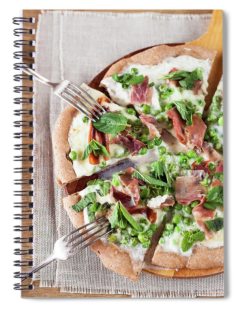 Pizza Spiral Notebook featuring the photograph Peas And Prosciutto Pizza by Alena Kogotkova