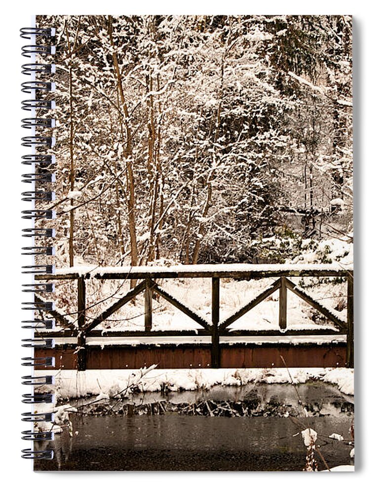 Winter Spiral Notebook featuring the photograph Pedestrian bridge in the snow by Michael Porchik