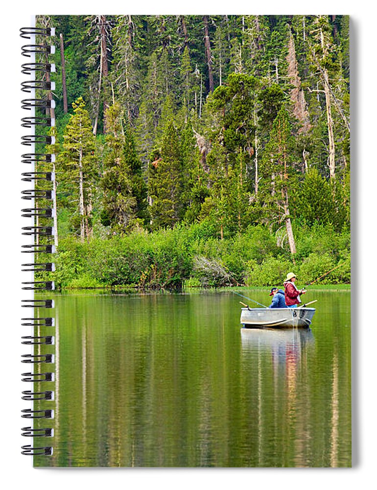 Lake Reflection Fishing Boat Waterfall Forest Morning Mountain M Spiral Notebook featuring the photograph Perfect Sunday - Two people fishing on a lake in Mammoth California. by Jamie Pham