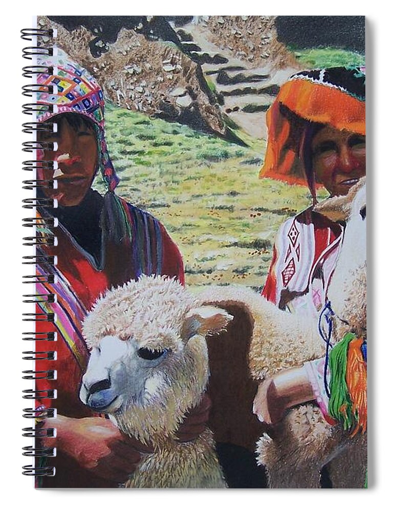 Landscape Spiral Notebook featuring the mixed media Peruvians by Constance Drescher