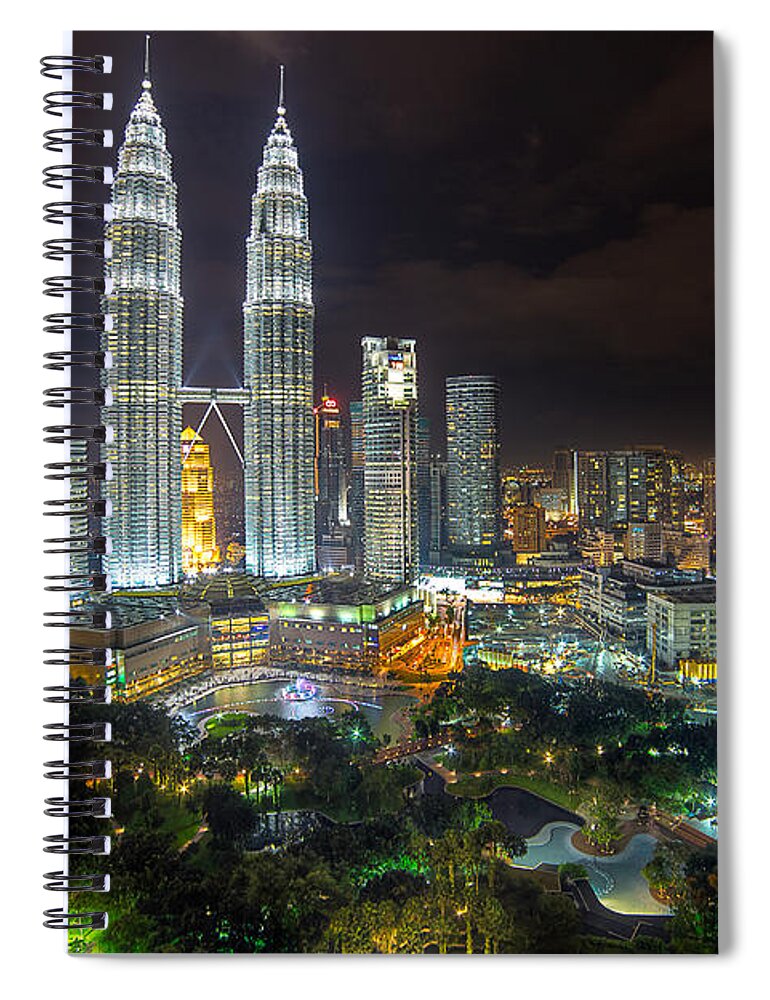Built Structure Spiral Notebook featuring the photograph Petronas Towers by Jeroen P - Iwillbehomesoon.com