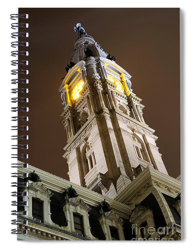 Philadelphia Spiral Notebook featuring the photograph Philadelphia City Hall Clock Tower at Night by Gary Whitton