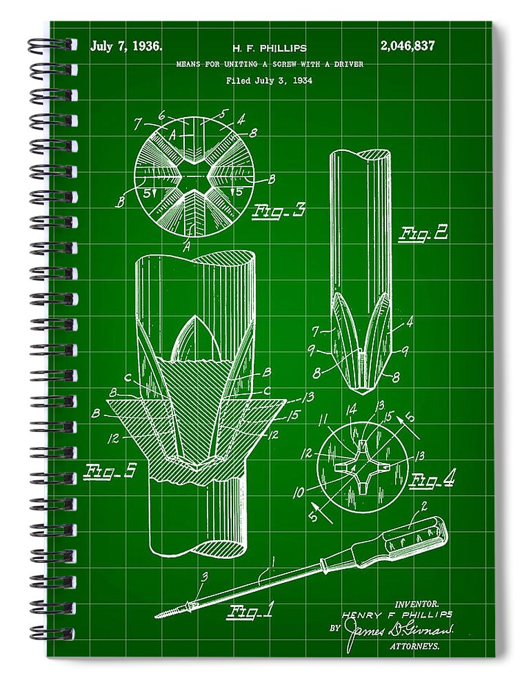 Phillips Spiral Notebook featuring the digital art Phillips Screwdriver Patent 1934 - Green by Stephen Younts