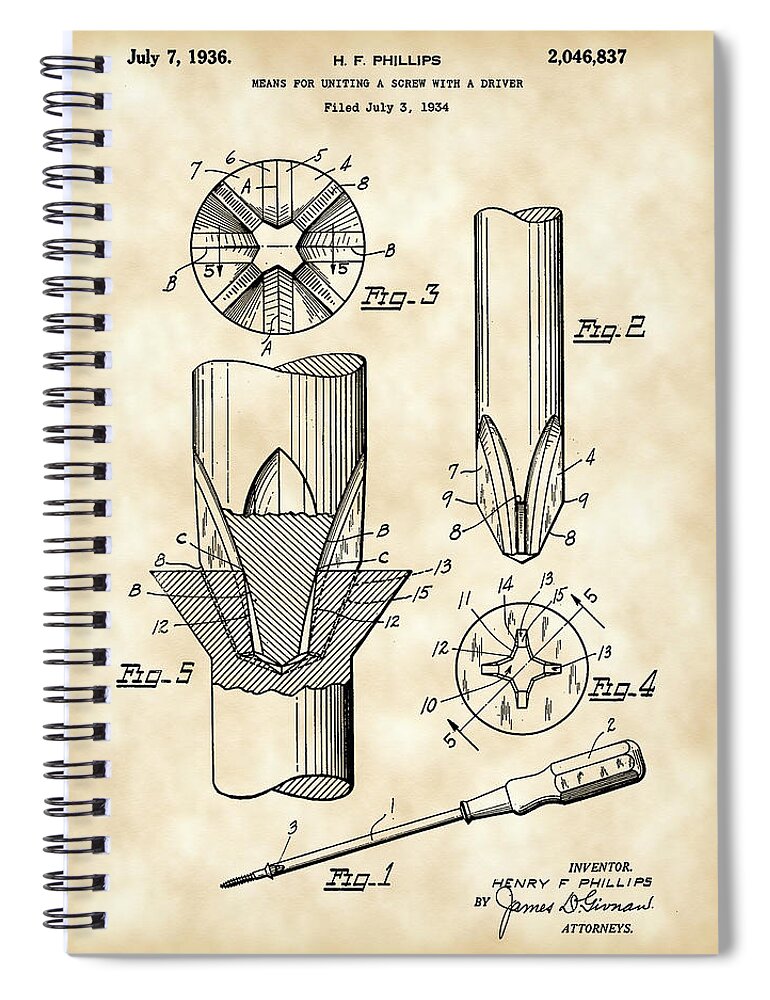 Phillips Spiral Notebook featuring the digital art Phillips Screwdriver Patent 1934 - Vintage by Stephen Younts