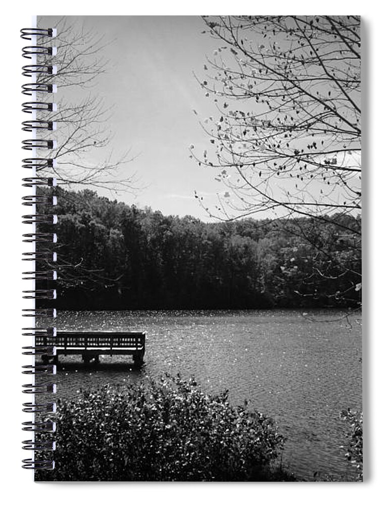Kelly Hazel Spiral Notebook featuring the photograph Pier at Table Rock in Black and White by Kelly Hazel