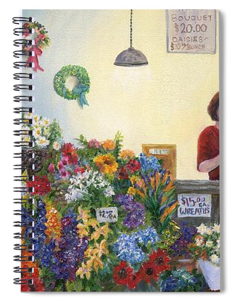 Pikes Spiral Notebook featuring the painting Pikes' Flower Market by June Hunt