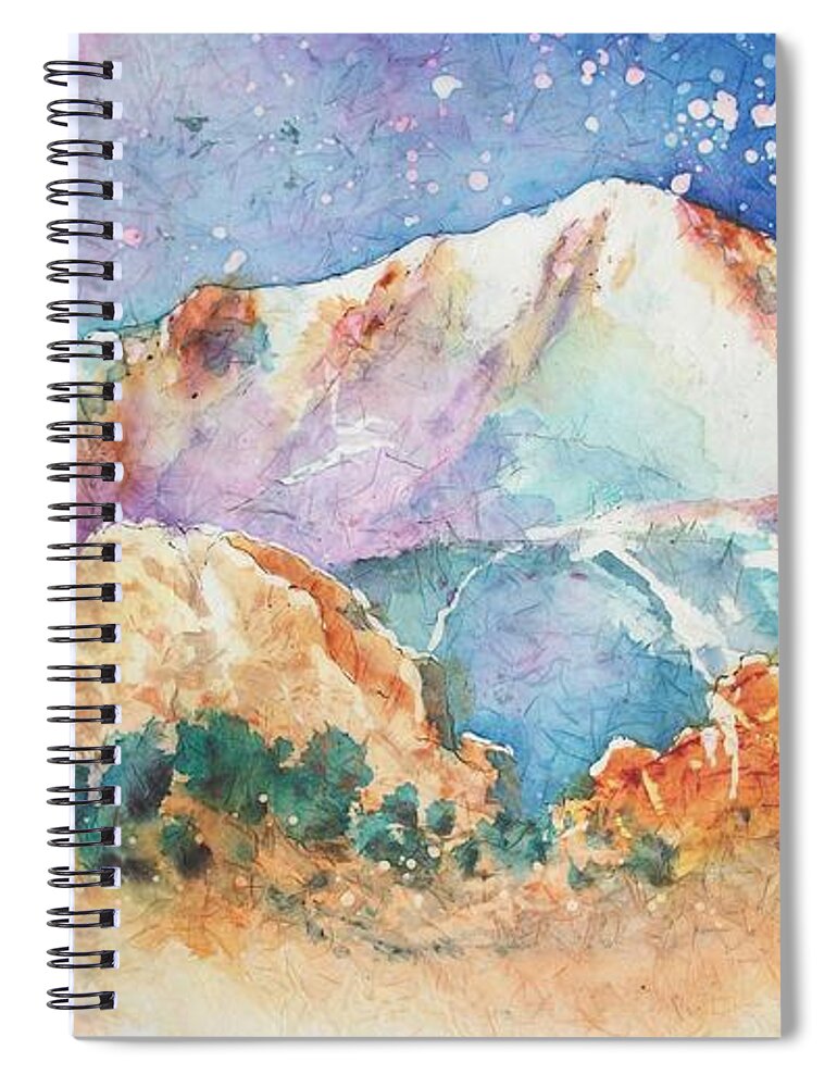 Pikes Peak Spiral Notebook featuring the painting Pikes Peak Over the Garden of the Gods by Carol Losinski Naylor