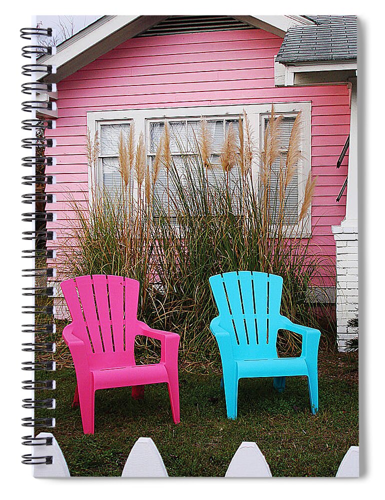 Pink Spiral Notebook featuring the photograph Pink and Blue Chairs by Jan Marvin by Jan Marvin