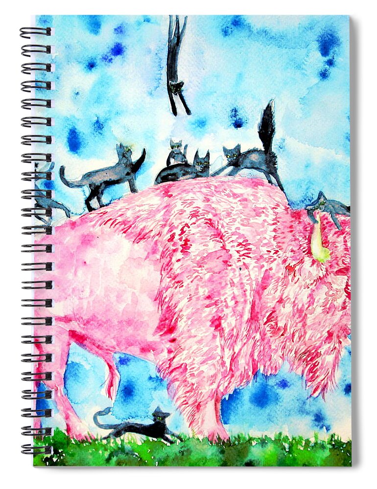 Bison Spiral Notebook featuring the painting PINK BISON and BLACK CATS by Fabrizio Cassetta