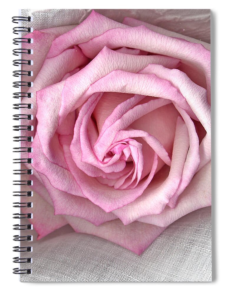 Pink Rose And Linen Spiral Notebook featuring the photograph Pink Rose And Linen by Sandra Foster