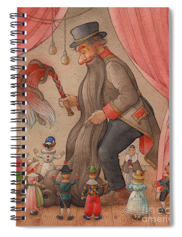 Red Theatre Puppets Spiral Notebook featuring the painting Pinocchio02 by Kestutis Kasparavicius