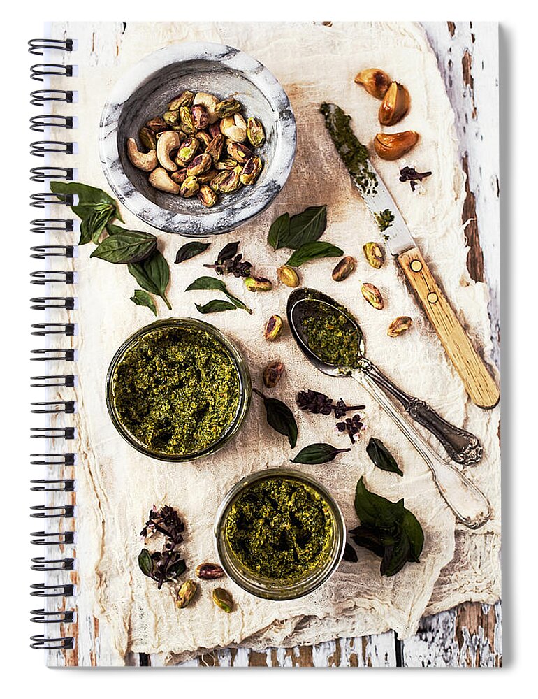 San Francisco Spiral Notebook featuring the photograph Pistachio Pesto With Mortar, Jars And by One Girl In The Kitchen
