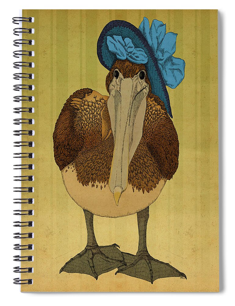 Pelican Hat Blue Victorian Bird Spiral Notebook featuring the drawing Plumpskin Ploshkin Pelican Jill by Meg Shearer