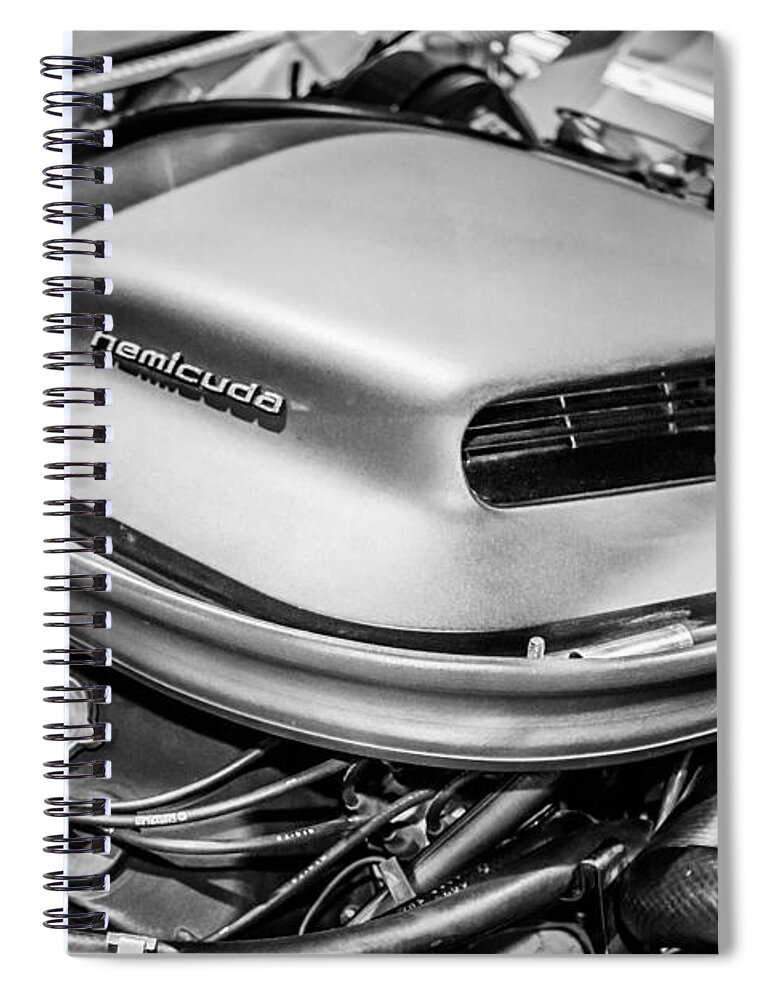 426 Spiral Notebook featuring the photograph Plymouth Hemi Cuda Engine Shaker Hood Scoop by Paul Velgos