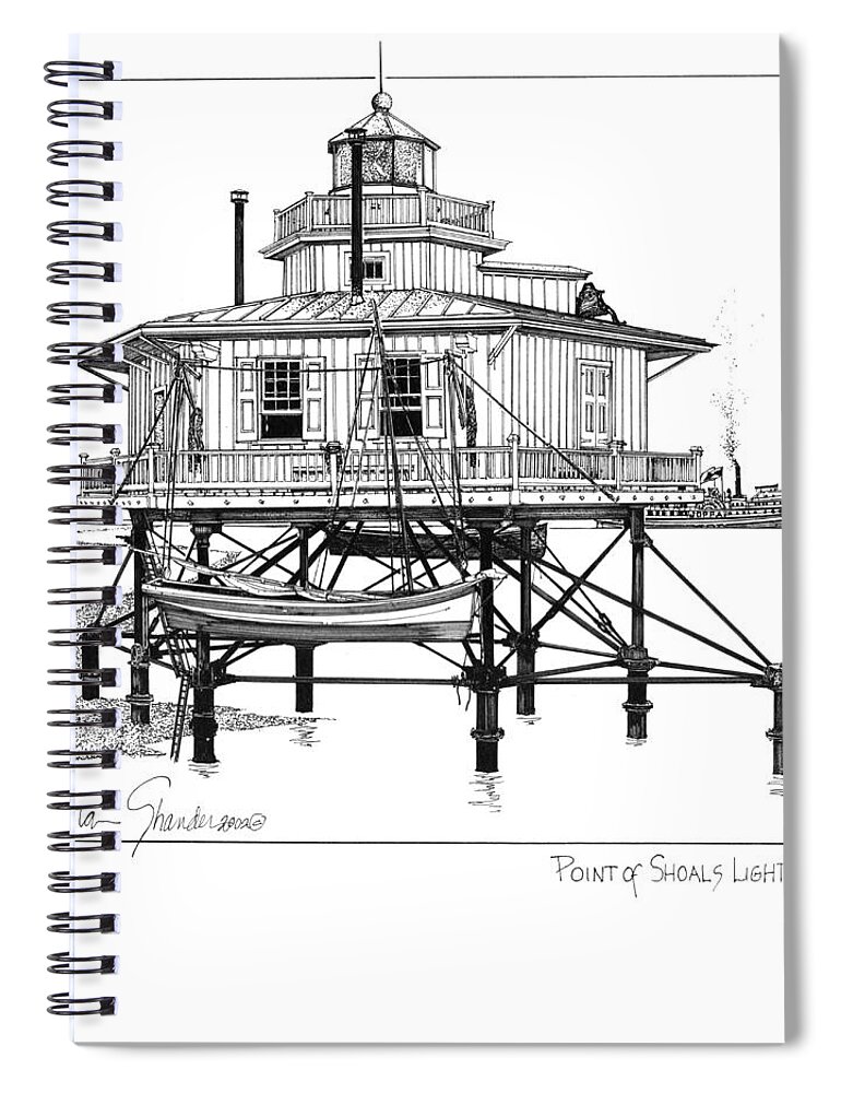 Point Of Shoals Lighthouse Spiral Notebook featuring the drawing Point of Shoals Lighthouse by Ira Shander
