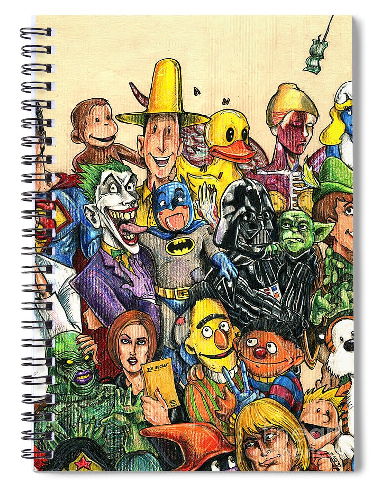 Pop Spiral Notebook featuring the drawing Pop Culture Ventriloquist Mashup by John Ashton Golden