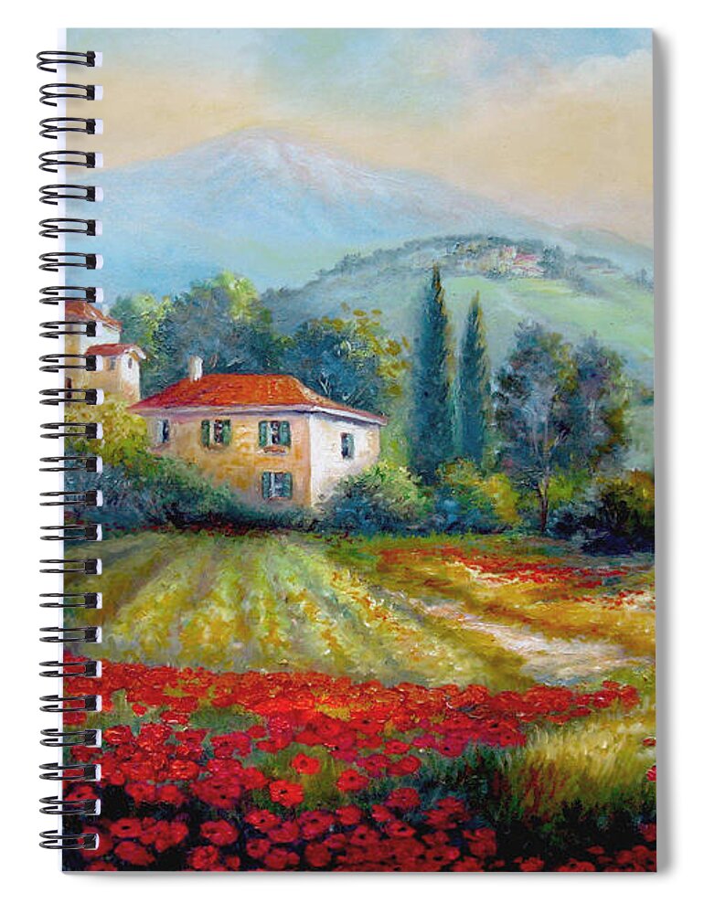  Mediterranean Landscape Spiral Notebook featuring the painting Poppy fields of Italy by Regina Femrite