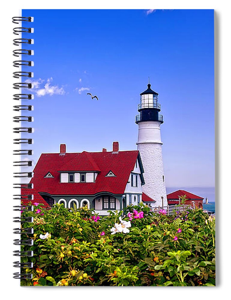 Maine Spiral Notebook featuring the photograph Portland Head Light and Roses by Mitchell R Grosky