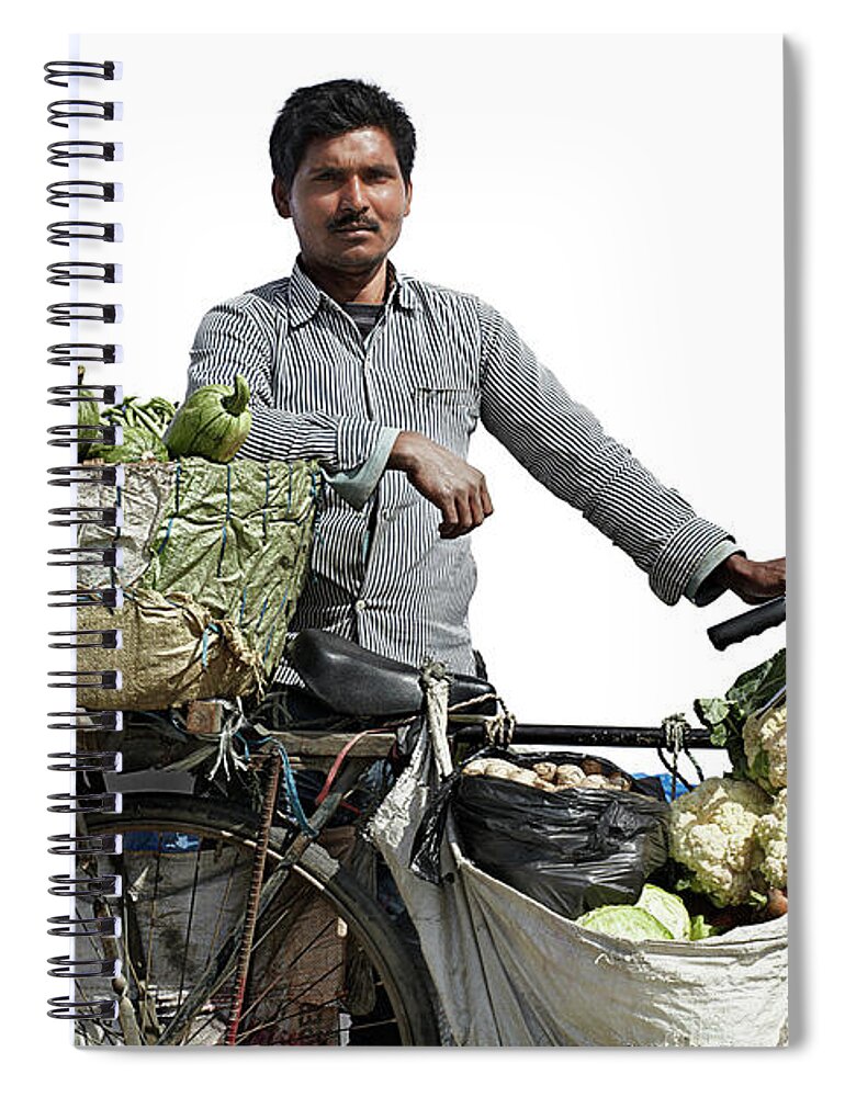 Asian And Indian Ethnicities Spiral Notebook featuring the photograph Portrait Of A Vegetable Vendor In by Paper Boat Creative