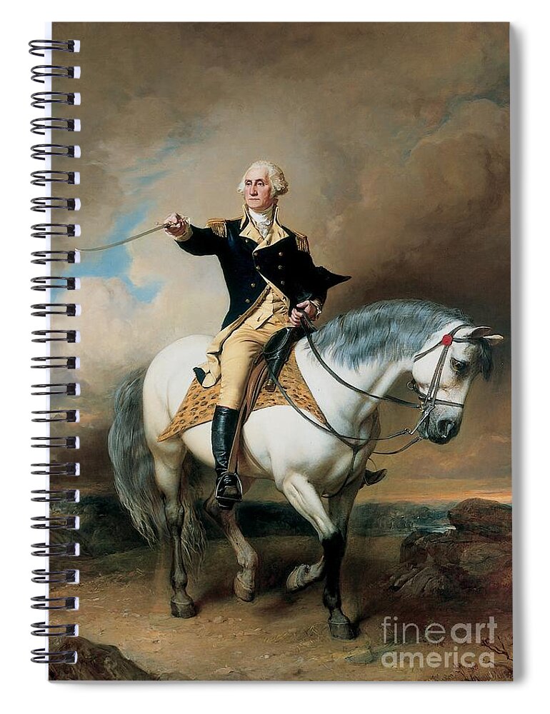 Portrait; War; Full Length; Equestrian; Salute; Saluting; Trenton; History; Historical; Heroic; Horse; Mounted; Horseback; Riding; Commander; Independence; President; Politician; Statesman; Us; Usa; United States; America; American; Leader; George Washington; Landscape; Sword; Uniform; Uniformed; Dramatic; Leadership; Strength; Power; 18th Spiral Notebook featuring the painting Portrait of George Washington Taking The Salute At Trenton by John Faed