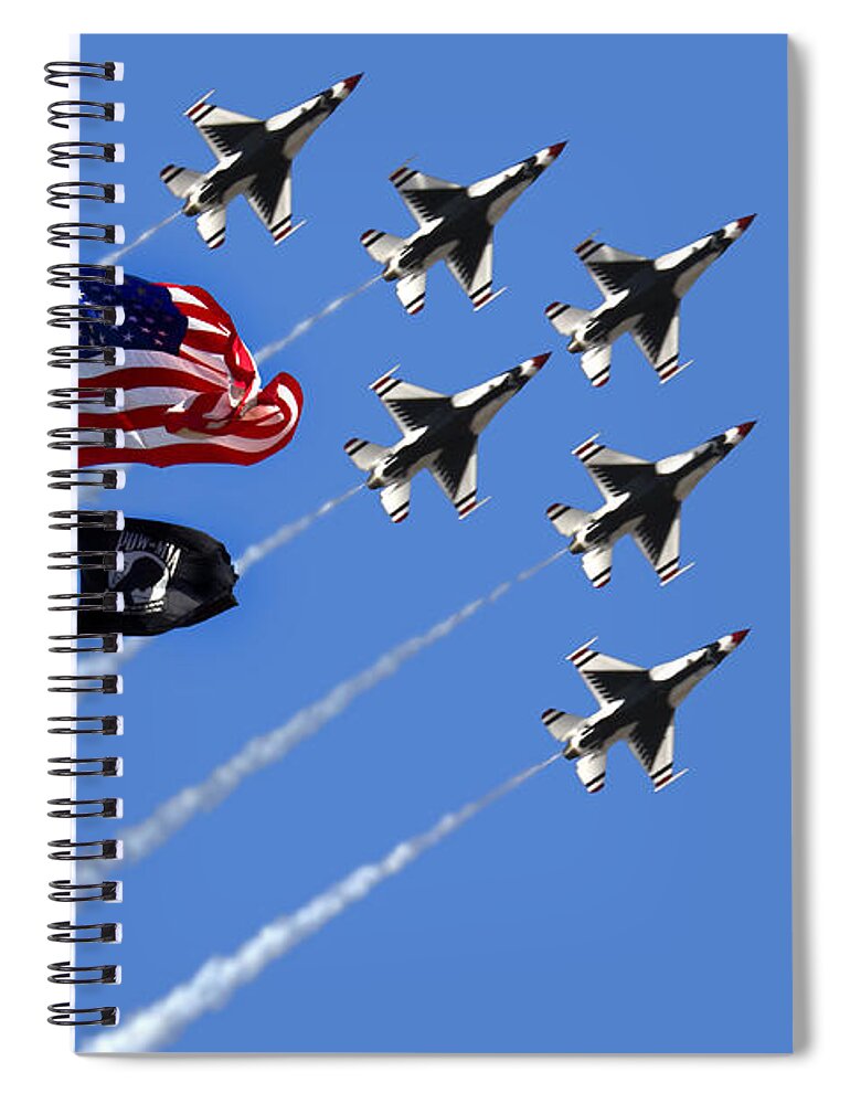 Mia Spiral Notebook featuring the photograph POW / MIA Flag w/ Thunderbirds by Gravityx9 Designs