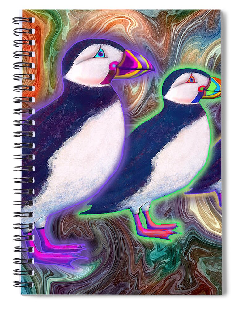 Puffins Spiral Notebook featuring the mixed media Purple Puffins by Teresa Ascone