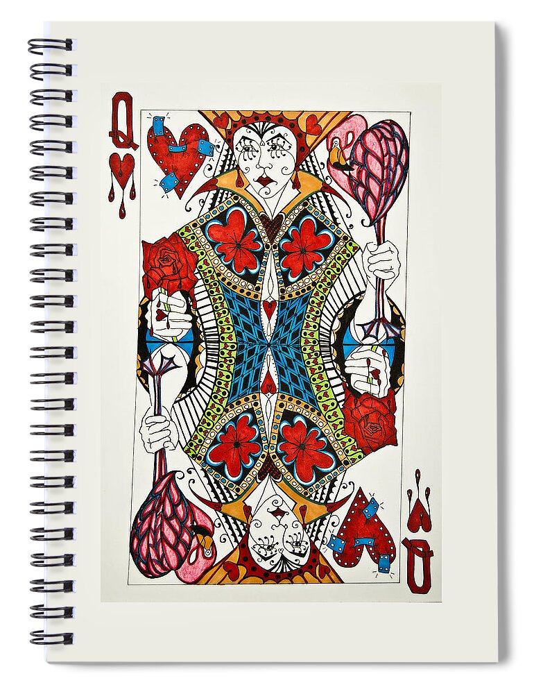 Queen Of Hearts Spiral Notebook featuring the drawing Queen Of Hearts Face Card by Jani Freimann
