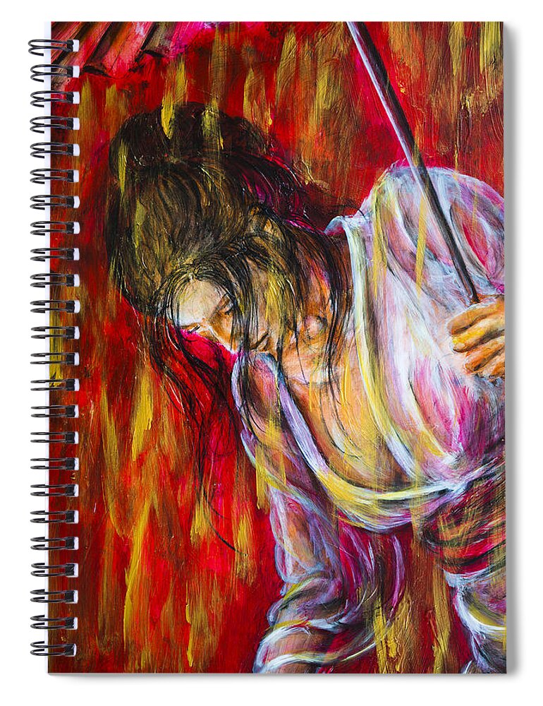 Red Spiral Notebook featuring the painting Rain Geisha Red by Nik Helbig