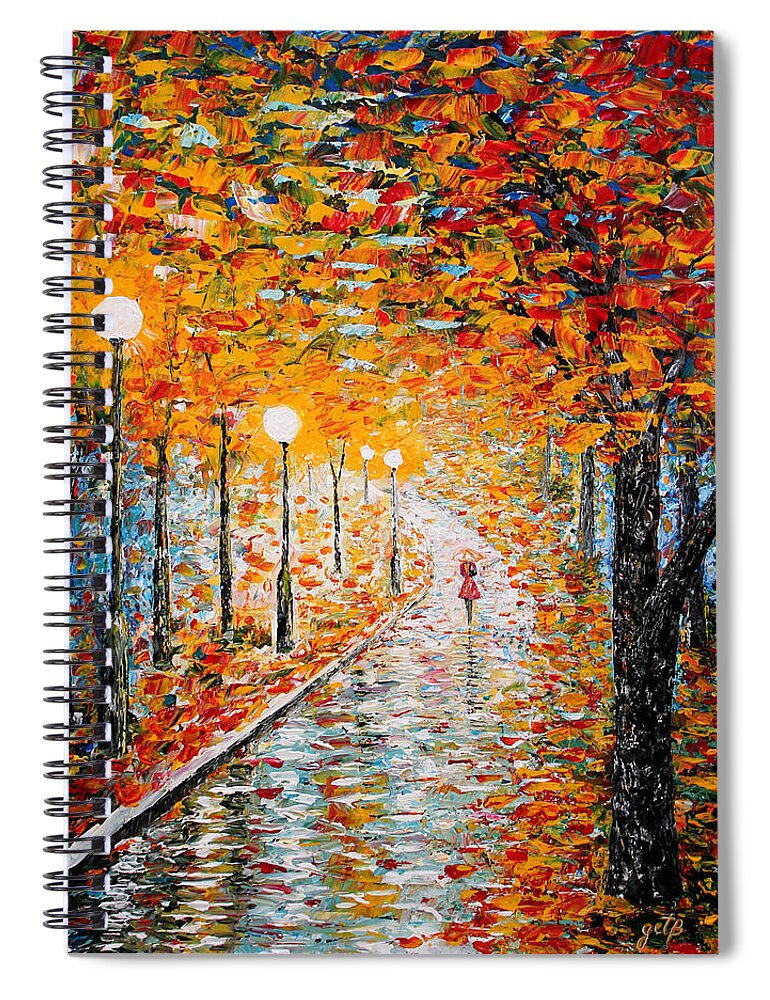 Impressionism Autumn Spiral Notebook featuring the painting Rainy Autumn Day palette knife original by Georgeta Blanaru