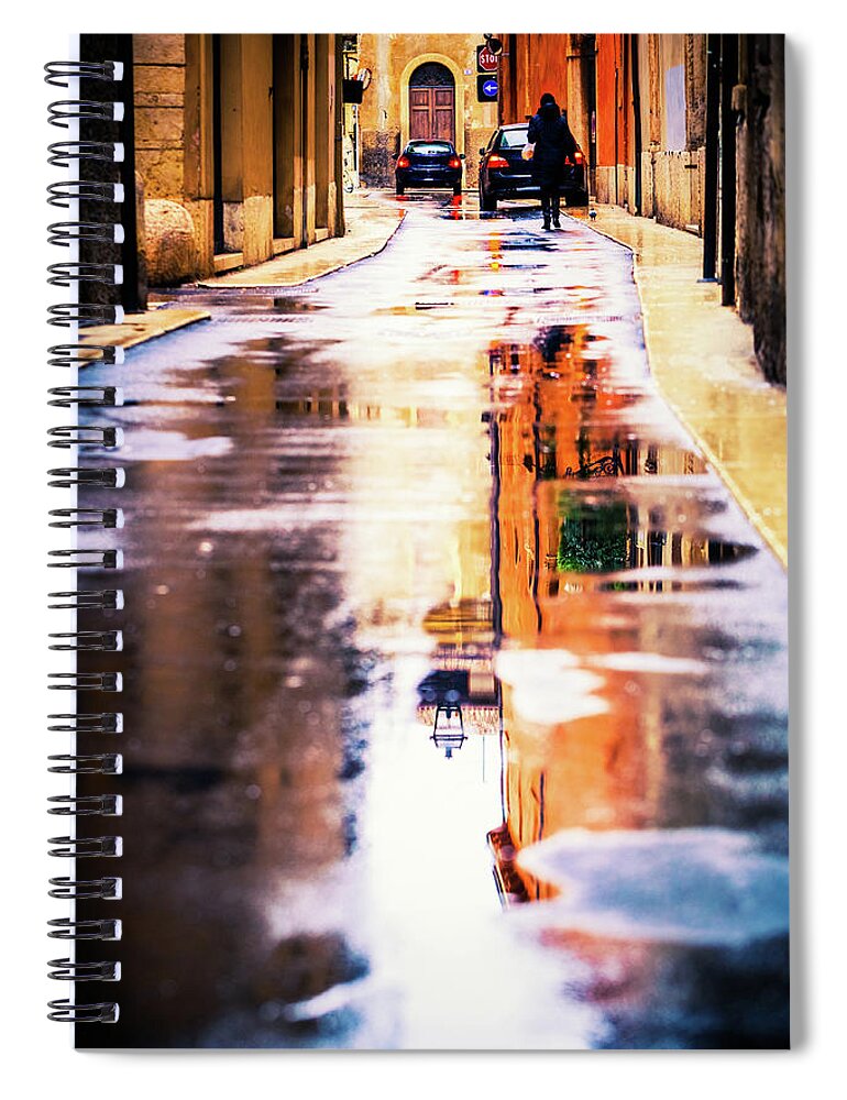 Built Structure Spiral Notebook featuring the photograph Rainy Day, Street Scene In Italy by Moreiso