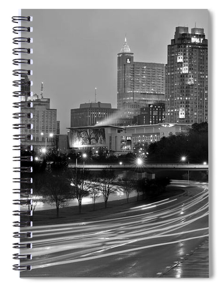Raleigh Skyline Spiral Notebook featuring the photograph Raleigh Skyline at Dusk Evening Black and White BW Evening Panorama North Carolina NC by Jon Holiday