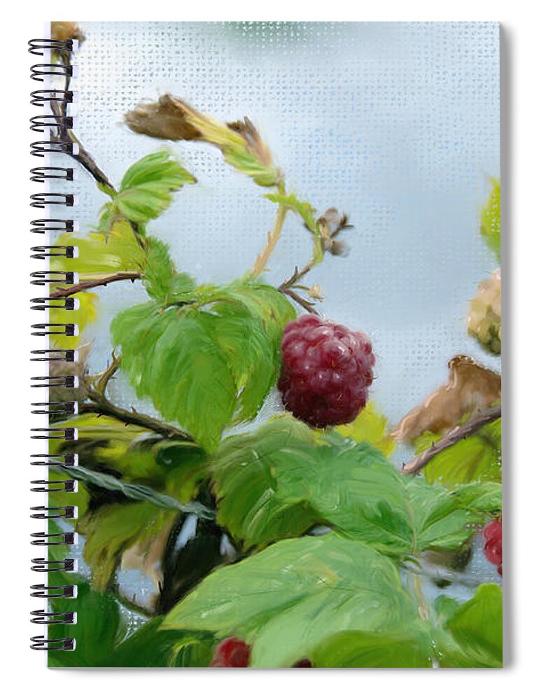 Agriculture Spiral Notebook featuring the digital art Raspberries on a fence by Debra Baldwin