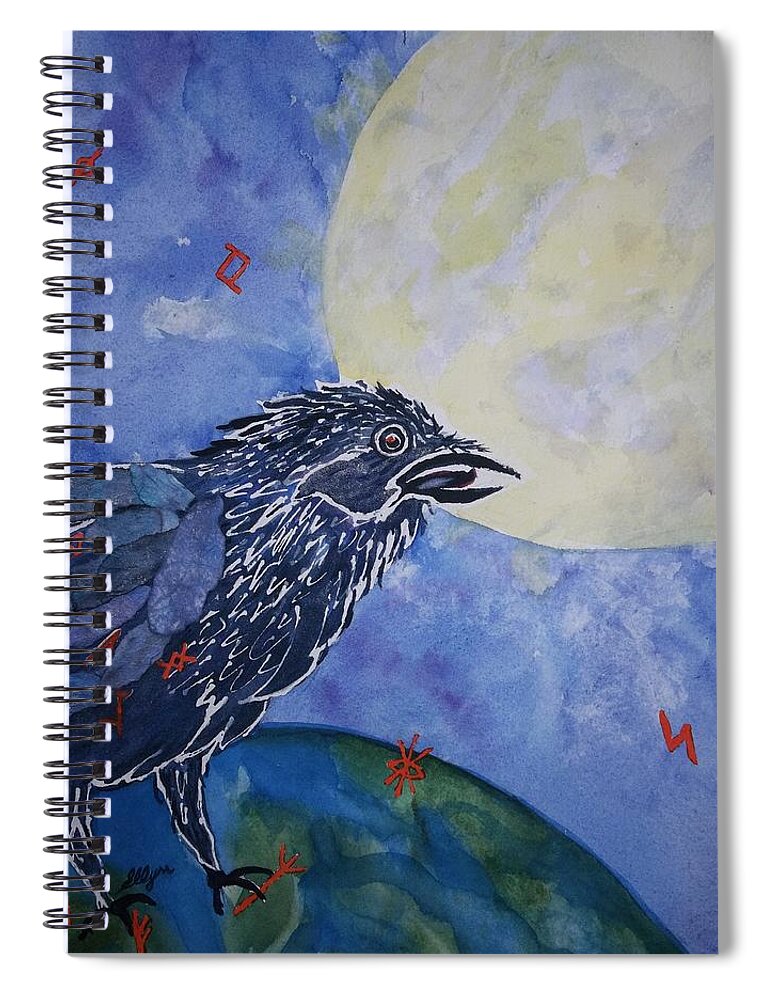 Raven.full Moon Spiral Notebook featuring the painting Raven Speak by Ellen Levinson