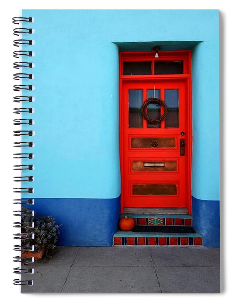 Door Spiral Notebook featuring the photograph Red Door on Blue Wall by Joe Kozlowski
