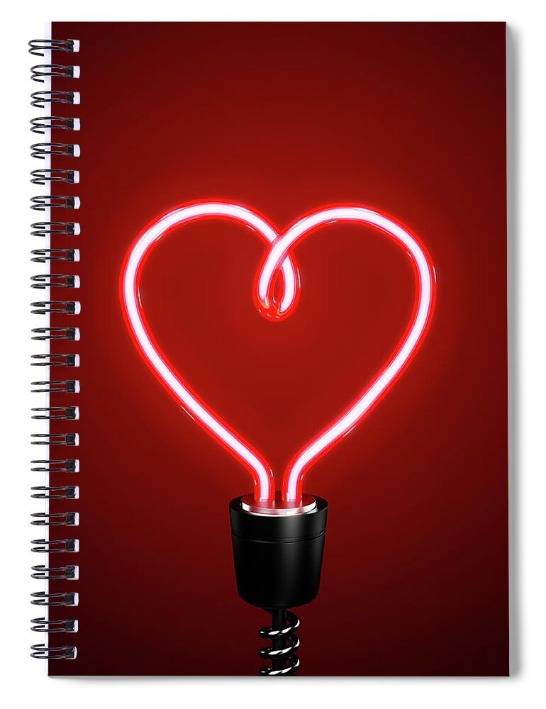 Black Background Spiral Notebook featuring the photograph Red Heart Shaped Energy Saving Lightbulb by Atomic Imagery