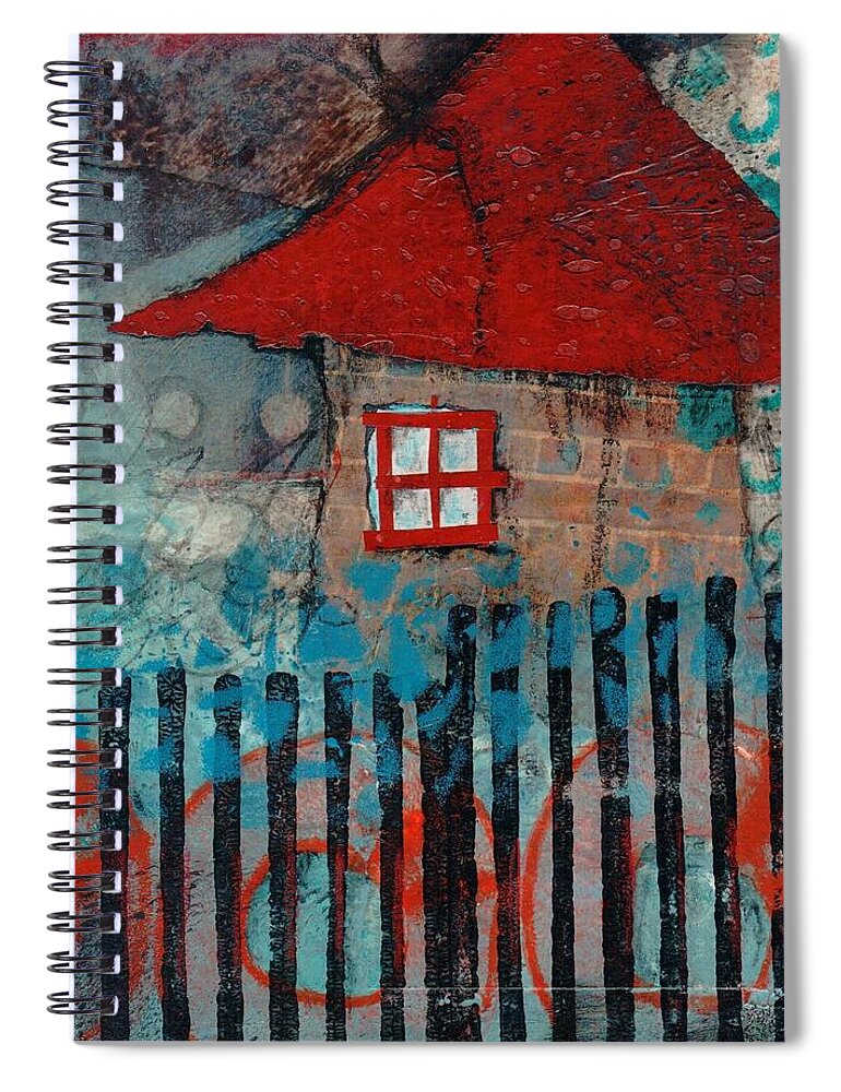 Graphic Abstract Design Spiral Notebook featuring the mixed media Red Roof House by Laura Lein-Svencner