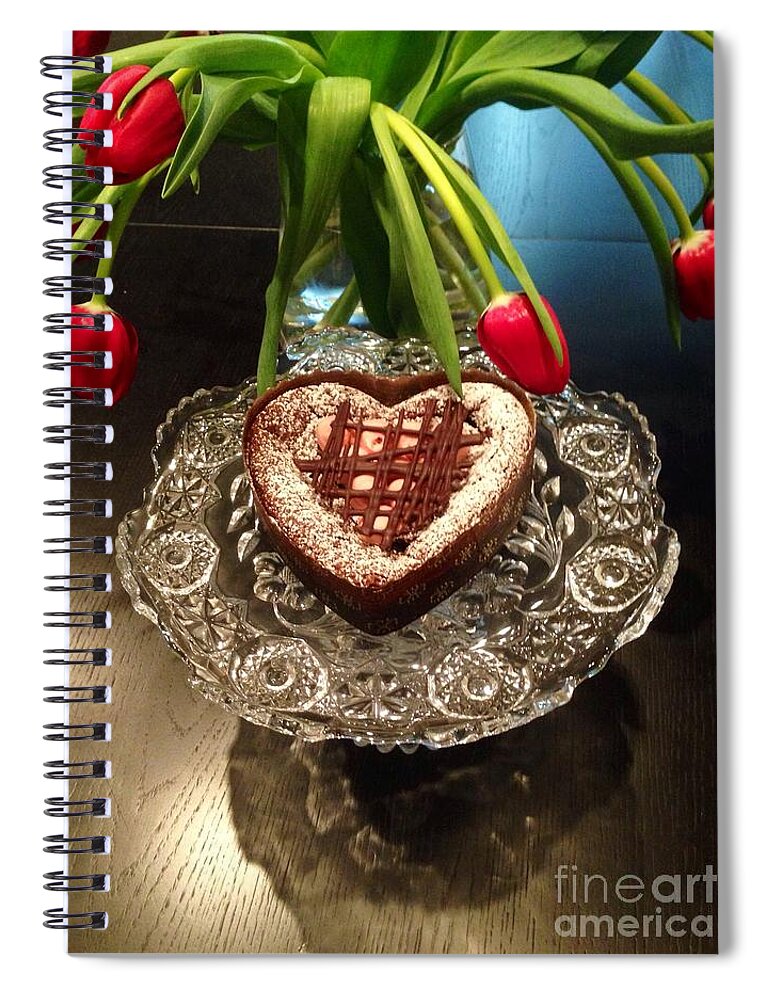  Red Tulip And Chocolate Heart Spiral Notebook featuring the photograph Red Tulip And Chocolate Heart Dessert by Susan Garren