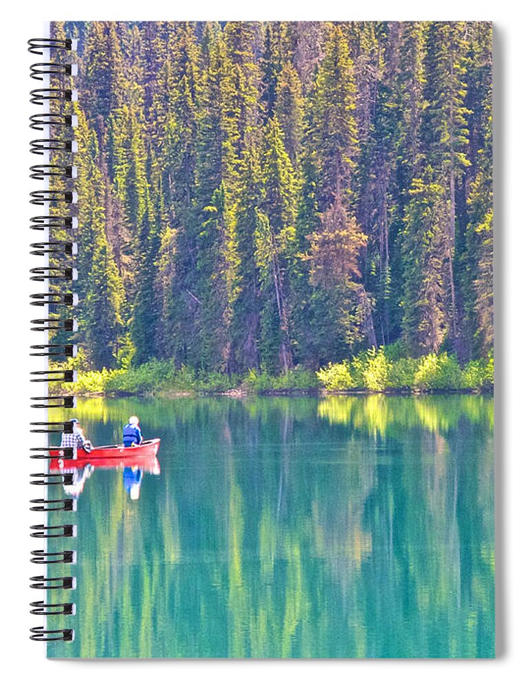 Red Fishing Boat Spiral Notebook featuring the photograph Reflective Fishing on Emerald Lake in Yoho National Park-British Columbia-Canada by Ruth Hager
