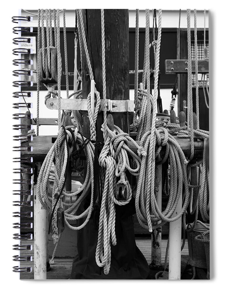 Belaying Pin Spiral Notebook featuring the photograph Rigging on a tall ship - monochrome by Ulrich Kunst And Bettina Scheidulin