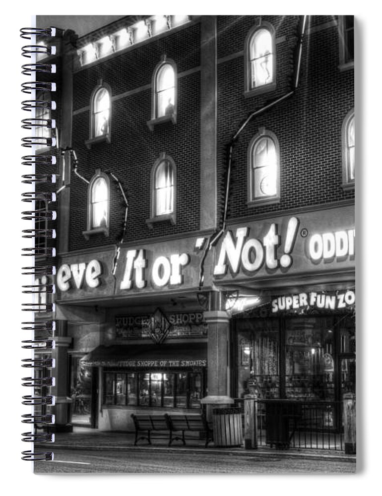 Ripley's Spiral Notebook featuring the photograph Ripley's of Gatlinburg in Black and White by Greg and Chrystal Mimbs
