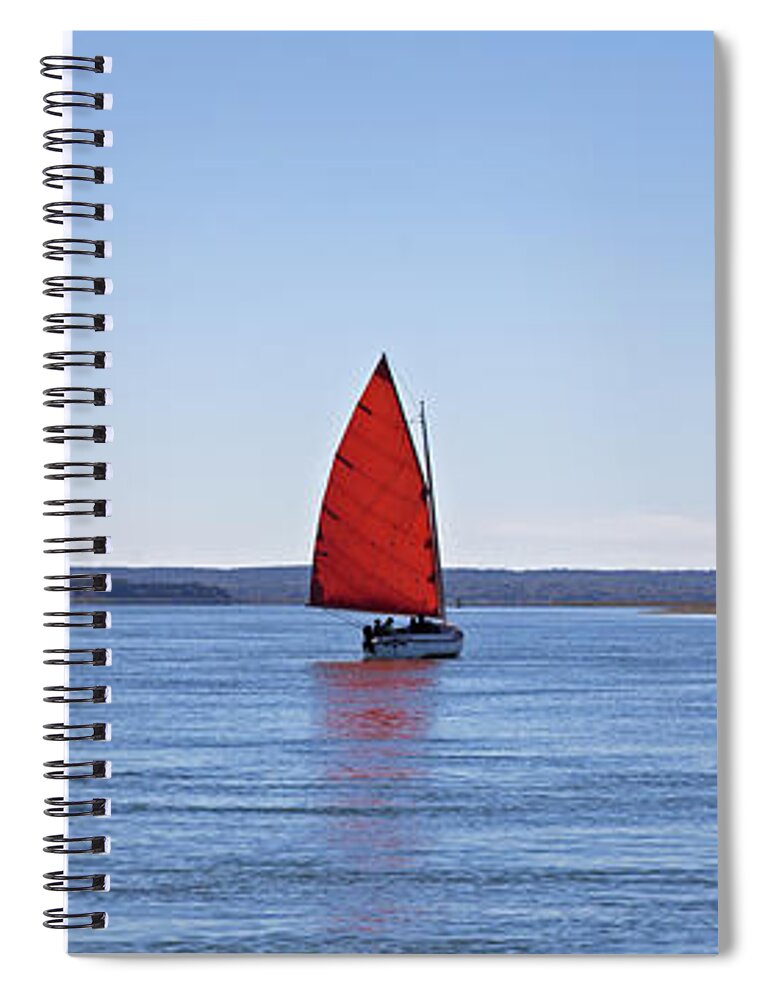 Sail Spiral Notebook featuring the photograph Ripple Catboat with Red Sail and Lighthouse by Charles Harden