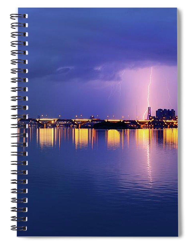 Tamsui District Spiral Notebook featuring the photograph River Reflection Of Lightning by Joyoyo Chen