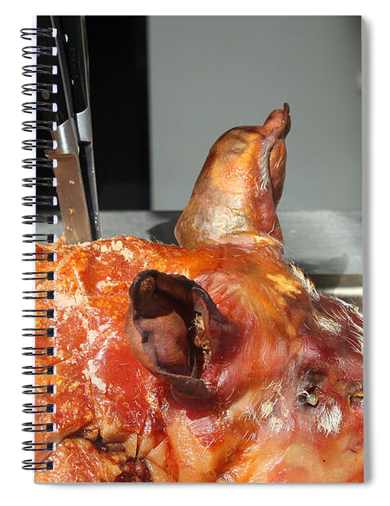 Knives Spiral Notebook featuring the photograph Roasted whole pork by Patricia Hofmeester