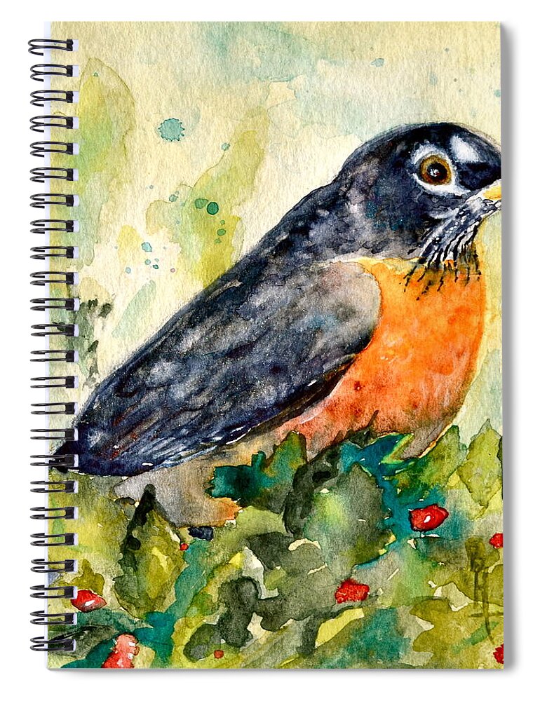 Robin Spiral Notebook featuring the painting Robin in the Holly by Beverley Harper Tinsley