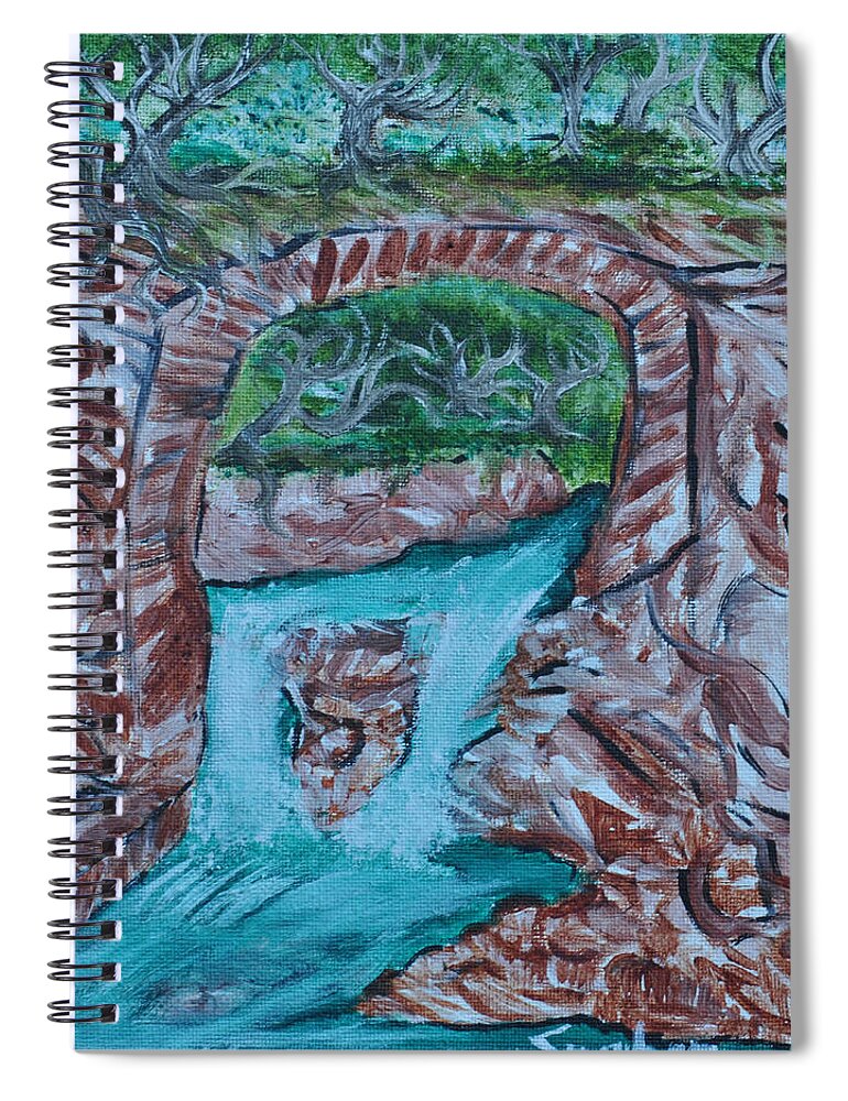 Rock Red Bridge And Falls Spiral Notebook featuring the painting Rock Bridge over Falls by Suzanne Surber