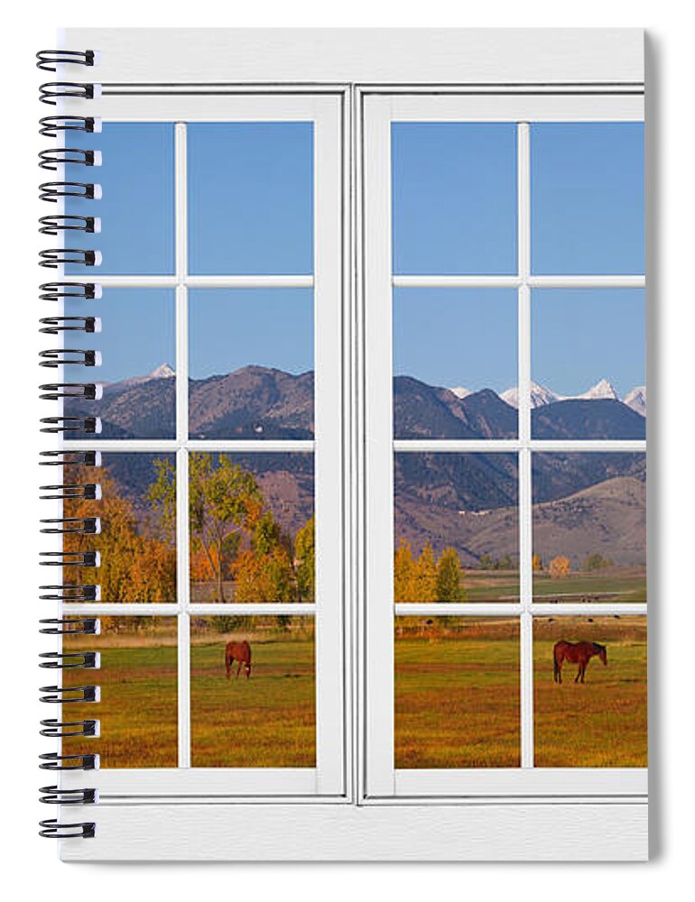 Windows Spiral Notebook featuring the photograph Rocky Mountains Horses White Window Frame View by James BO Insogna
